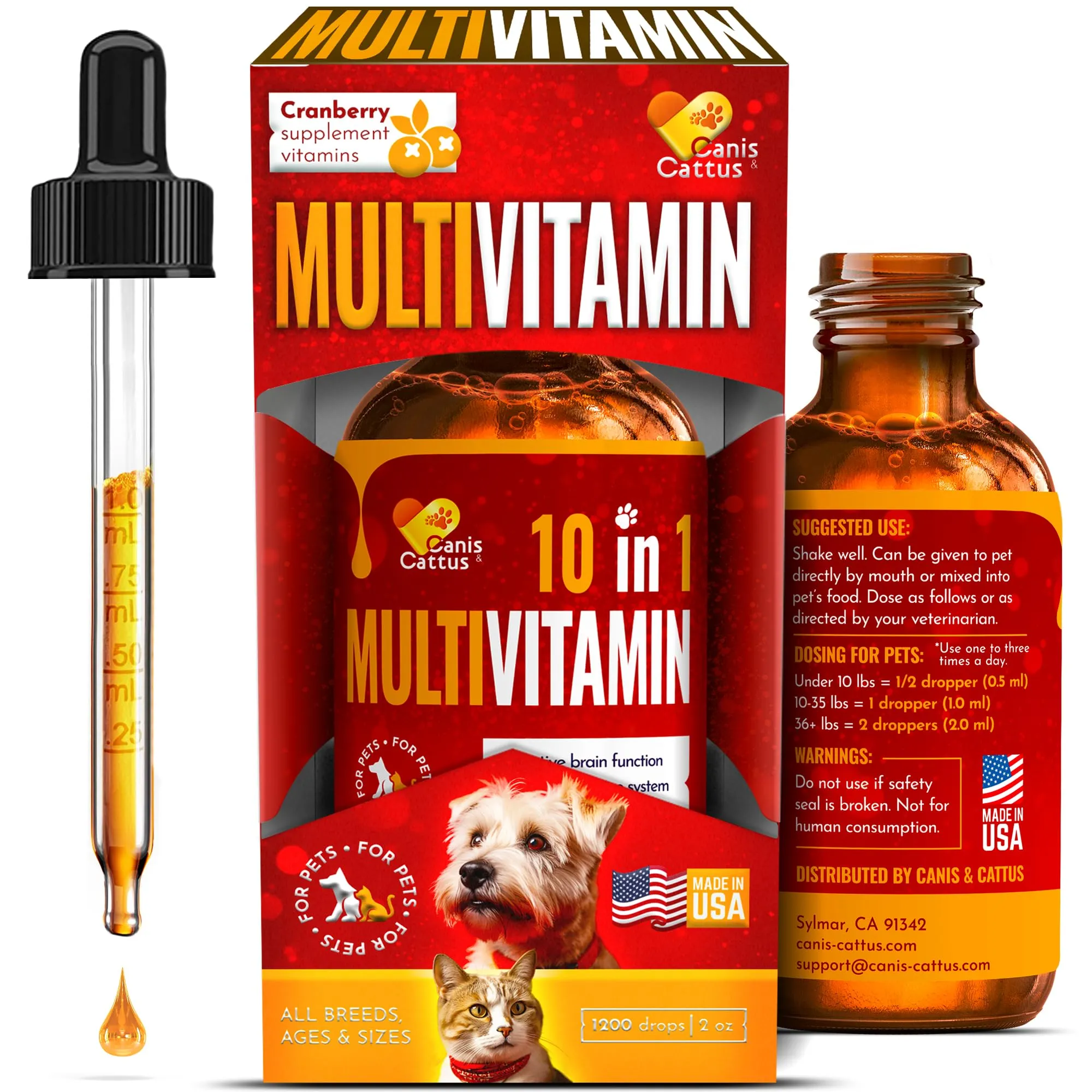 10 In 1 Cat & Dog Multivitamin - Hip & Joint Vitamins For Dogs   Vitamins C, D, B1-12 - Cranberry Supplement For Dogs & Cat Vitamins - Bladder, Kidney, Skin, Joint Support - Glucosamine Dog Supplement