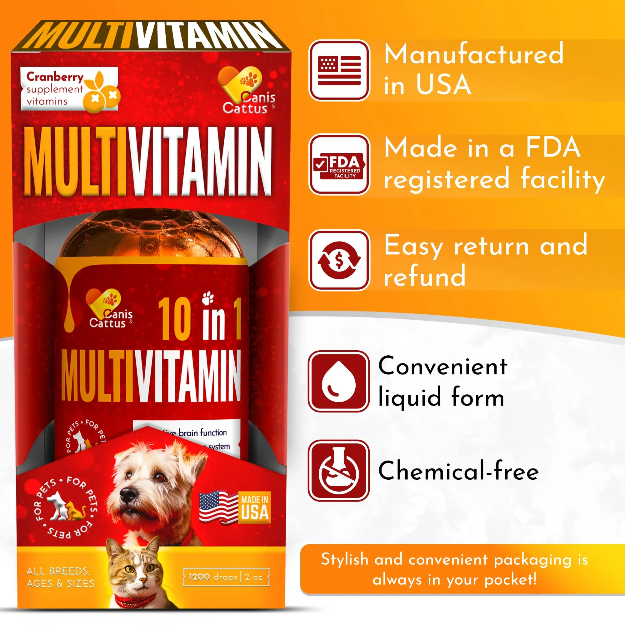 10 In 1 Cat & Dog Multivitamin - Hip & Joint Vitamins For Dogs   Vitamins C, D, B1-12 - Cranberry Supplement For Dogs & Cat Vitamins - Bladder, Kidney, Skin, Joint Support - Glucosamine Dog Supplement