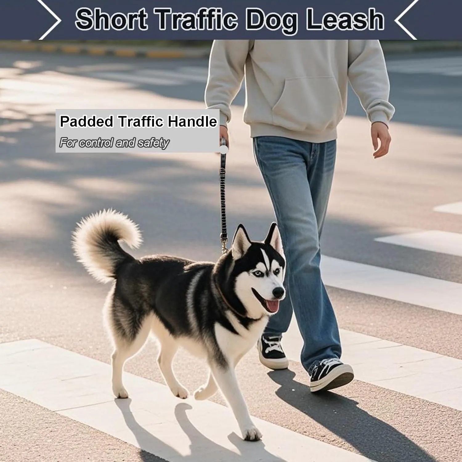 2 FT Bungee Dog Leash, Highly Reflective Strong Nylon Traffic Leash, Short Shock Absorbing Lead for Large Medium Dogs Walking Training Controlling