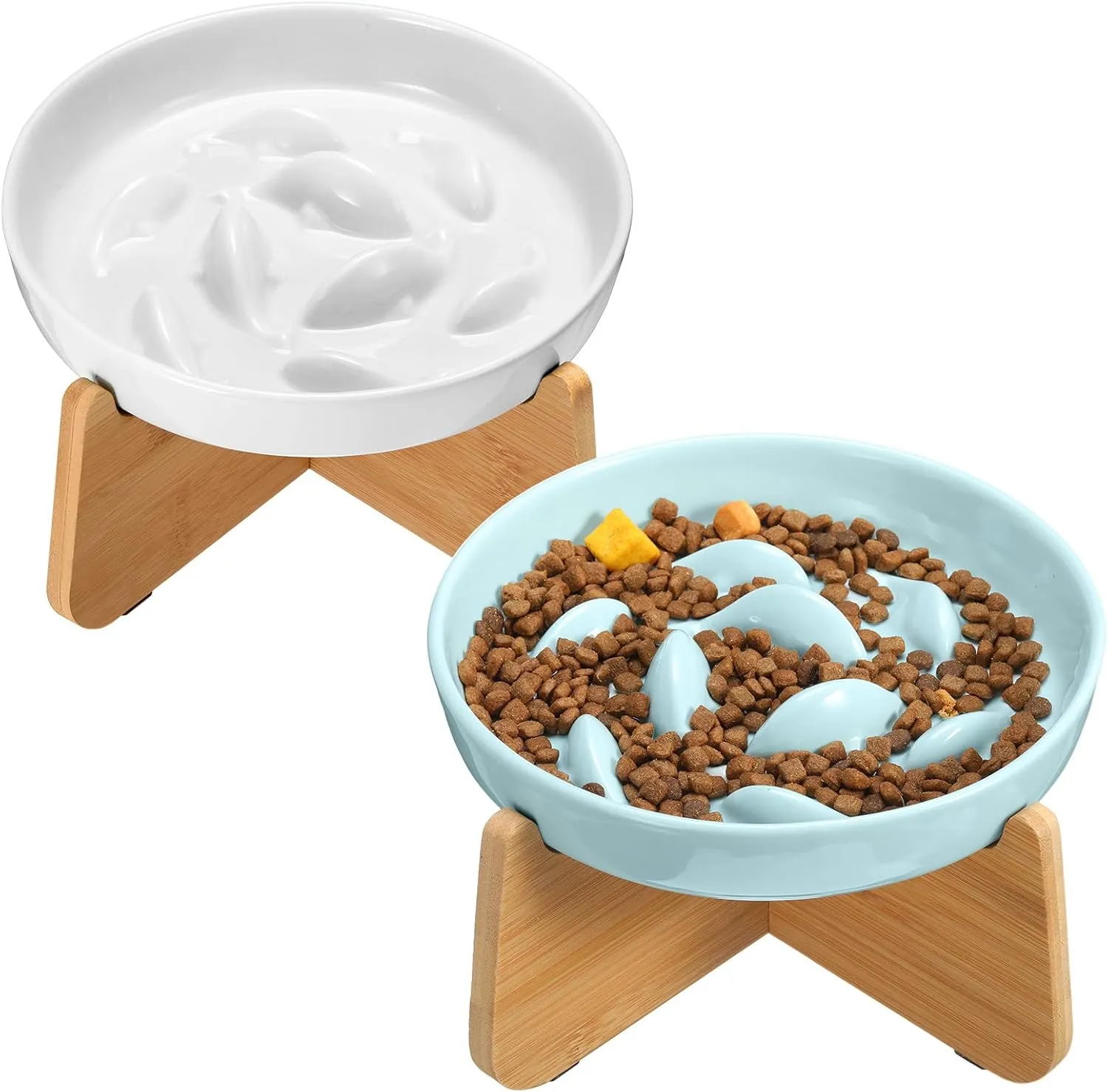 2 Sets Ceramic Slow Feeder Cat Bowl with Stand Elevated Cat Food Bowl with Fish Pool Design Puppy Dry and Wet Food Pet for Small Dogs Healthy Eating Diet
