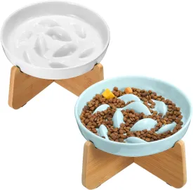 2 Sets Ceramic Slow Feeder Cat Bowl with Stand Elevated Cat Food Bowl with Fish Pool Design Puppy Dry and Wet Food Pet for Small Dogs Healthy Eating Diet