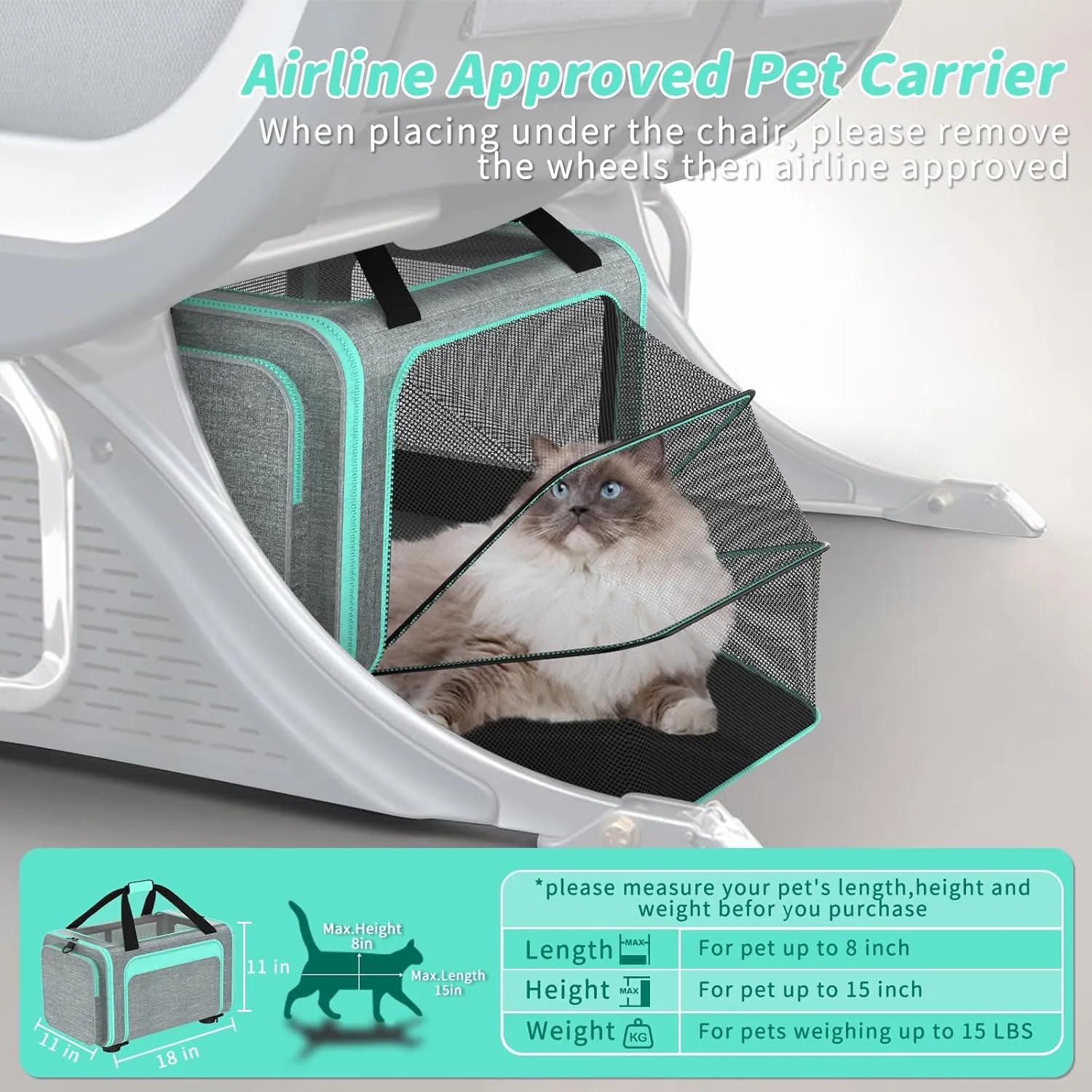 3-in-1 Upgraded Cat Carrier with Wheels, Airline Approved Pet Carrier for Small Cats Up to 15Lbs, 18" x 11" x 11" Newly Designed Rolling Cat Carrier, Cat Soft-Sided Bag for Flying, Travel & Vet