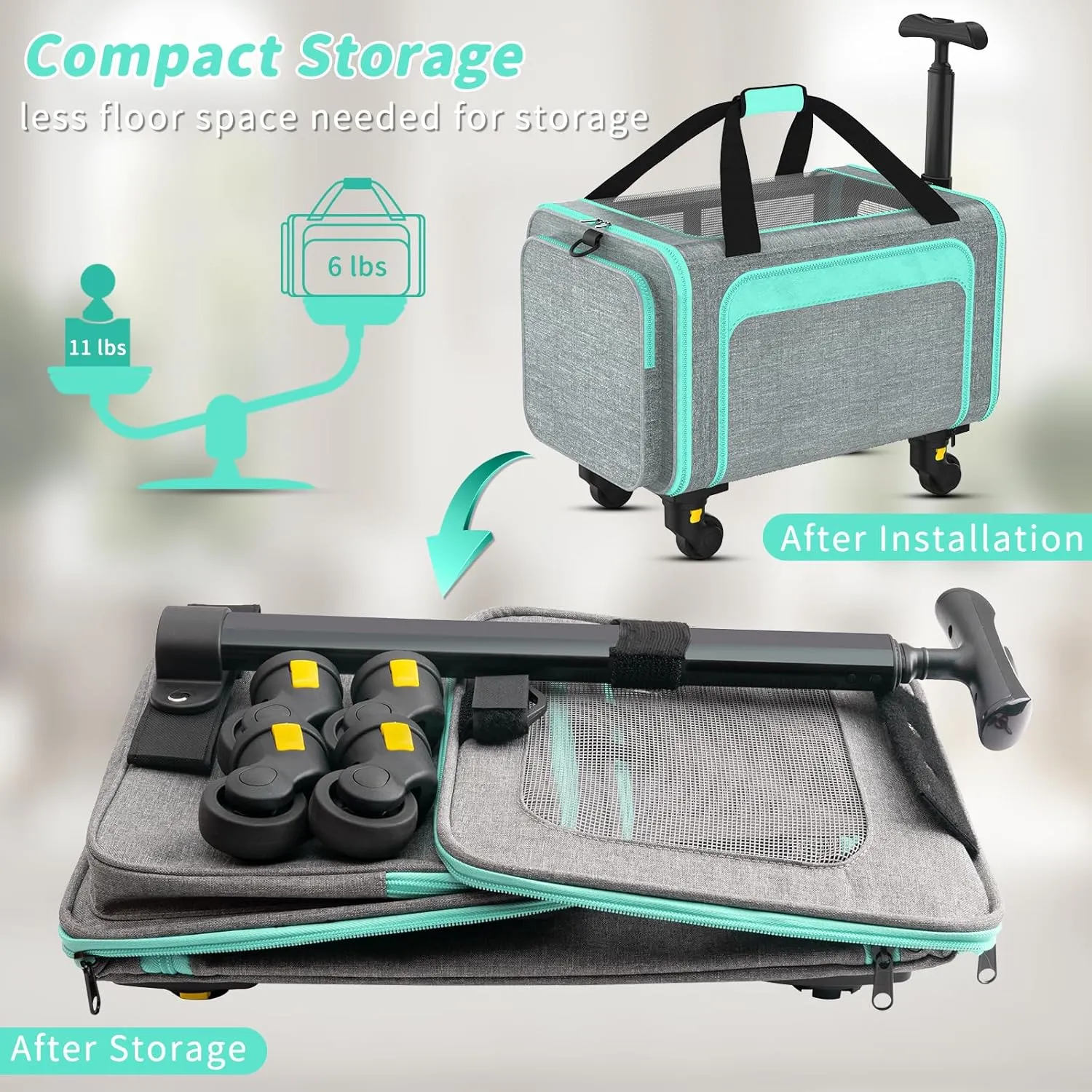 3-in-1 Upgraded Cat Carrier with Wheels, Airline Approved Pet Carrier for Small Cats Up to 15Lbs, 18" x 11" x 11" Newly Designed Rolling Cat Carrier, Cat Soft-Sided Bag for Flying, Travel & Vet