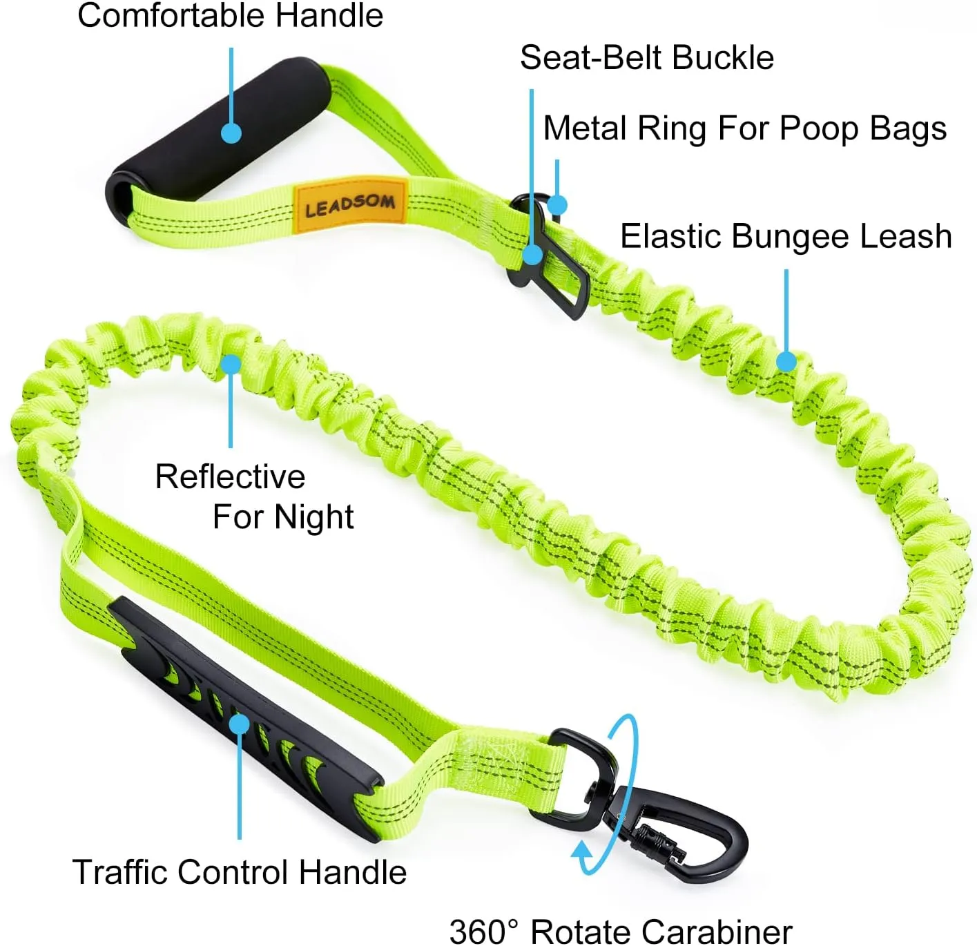 6FT Highly Reflective Heavy Duty Elastic Bungee Medium and Large Dog Leash Shock Absorbing with Comfortable Padded Handle and Traffic Handle Suitable for Training Green