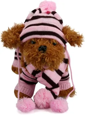 Balacoo Knit Dog Hat - Winter Scarf and Leg Warmer Set for Dog Cat - Pet Christmas Warm Accessories Size XXS, Pink and Brown
