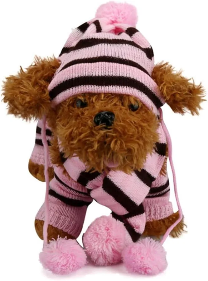 Balacoo Knit Dog Hat - Winter Scarf and Leg Warmer Set for Dog Cat - Pet Christmas Warm Accessories Size XXS, Pink and Brown