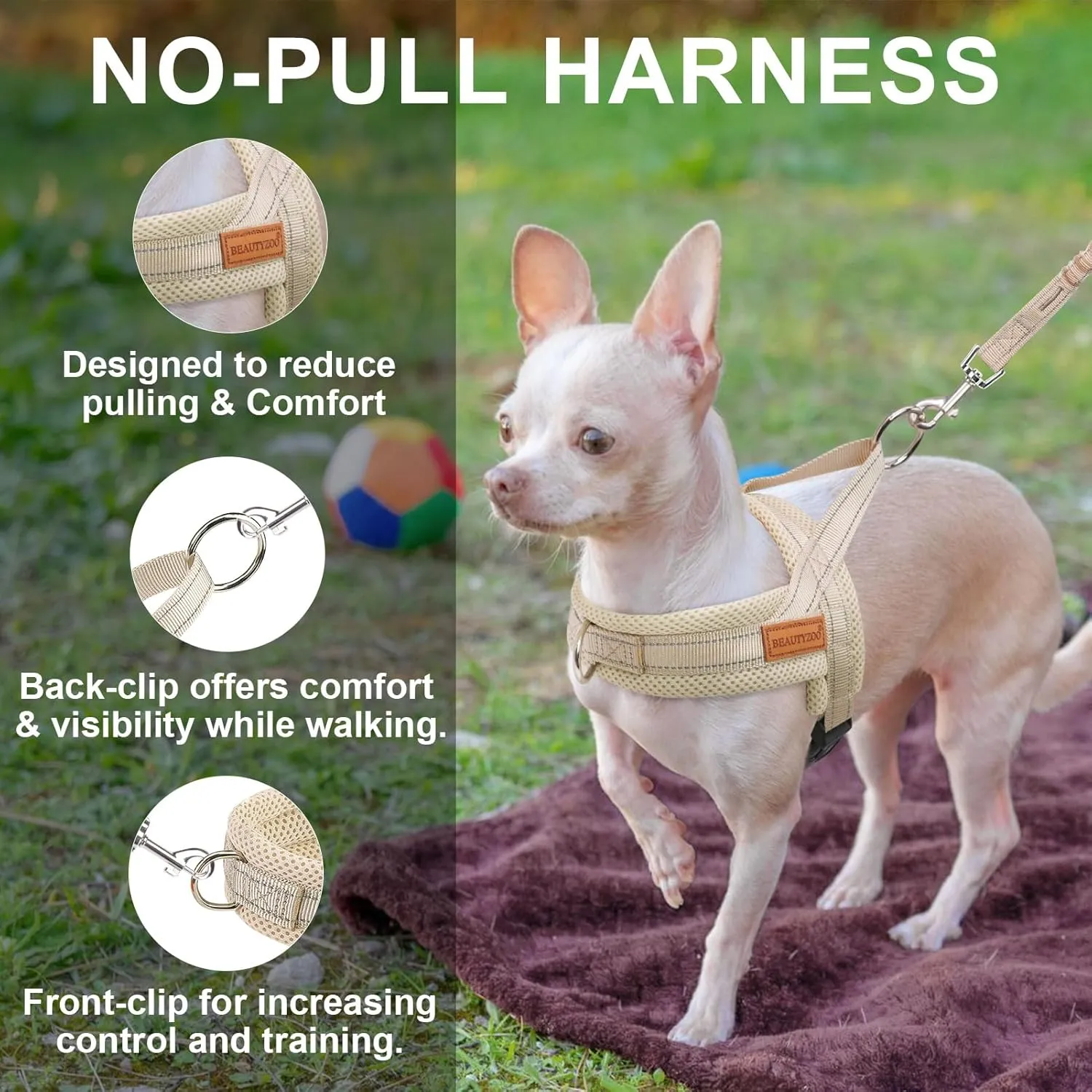 BEAUTYZOO Dog Harness for Small Dogs, No Pull Dog Harness and Leash Set, Soft Escape Proof Puppy Vest Harness with Handle, Reflective Lightweight Step in Harness for Girl Boy Dogs, Beige XS