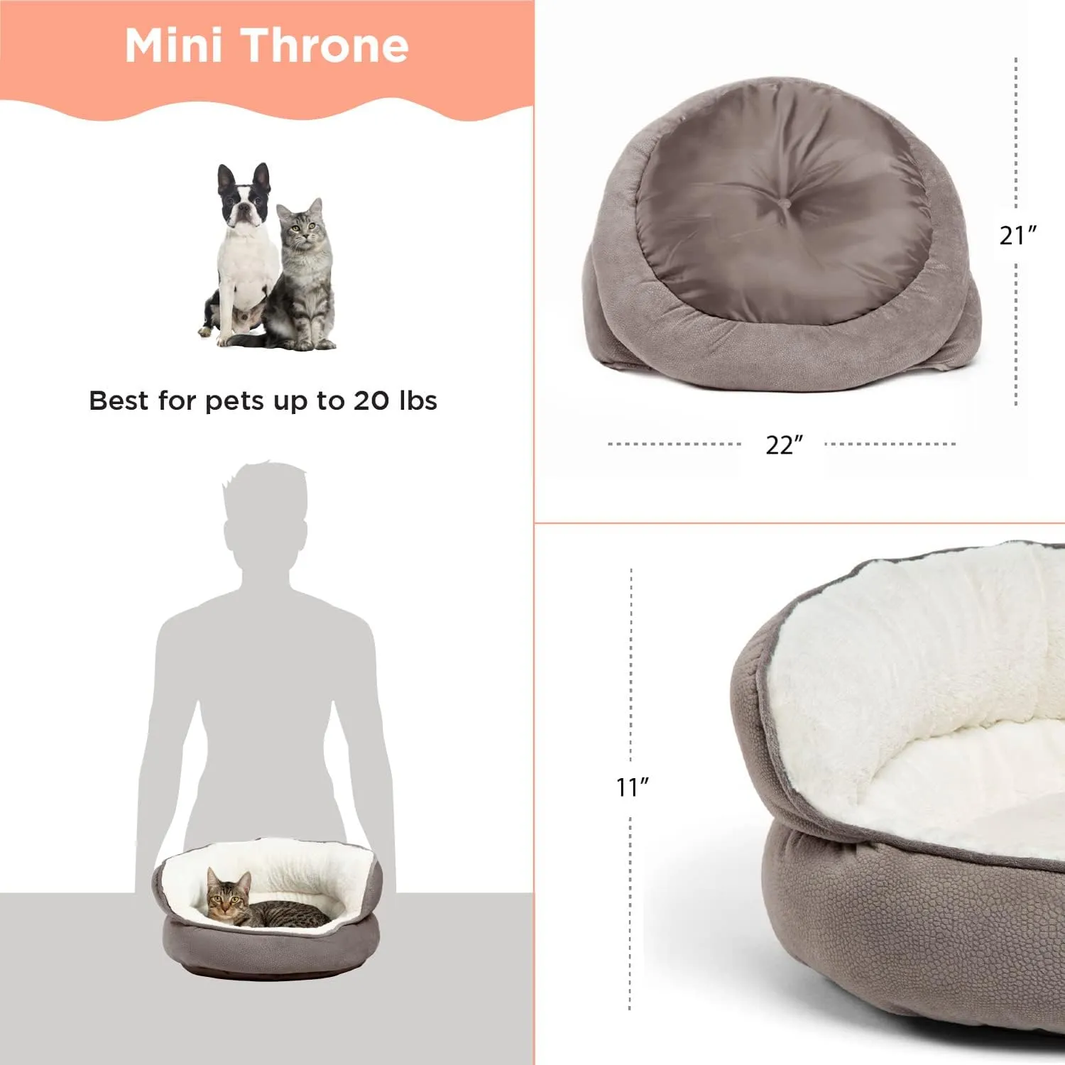 Best Friends by Sheri Pet Throne High Bolster Orthopedic Relief Cat and Dog Bed, Gray, Mini