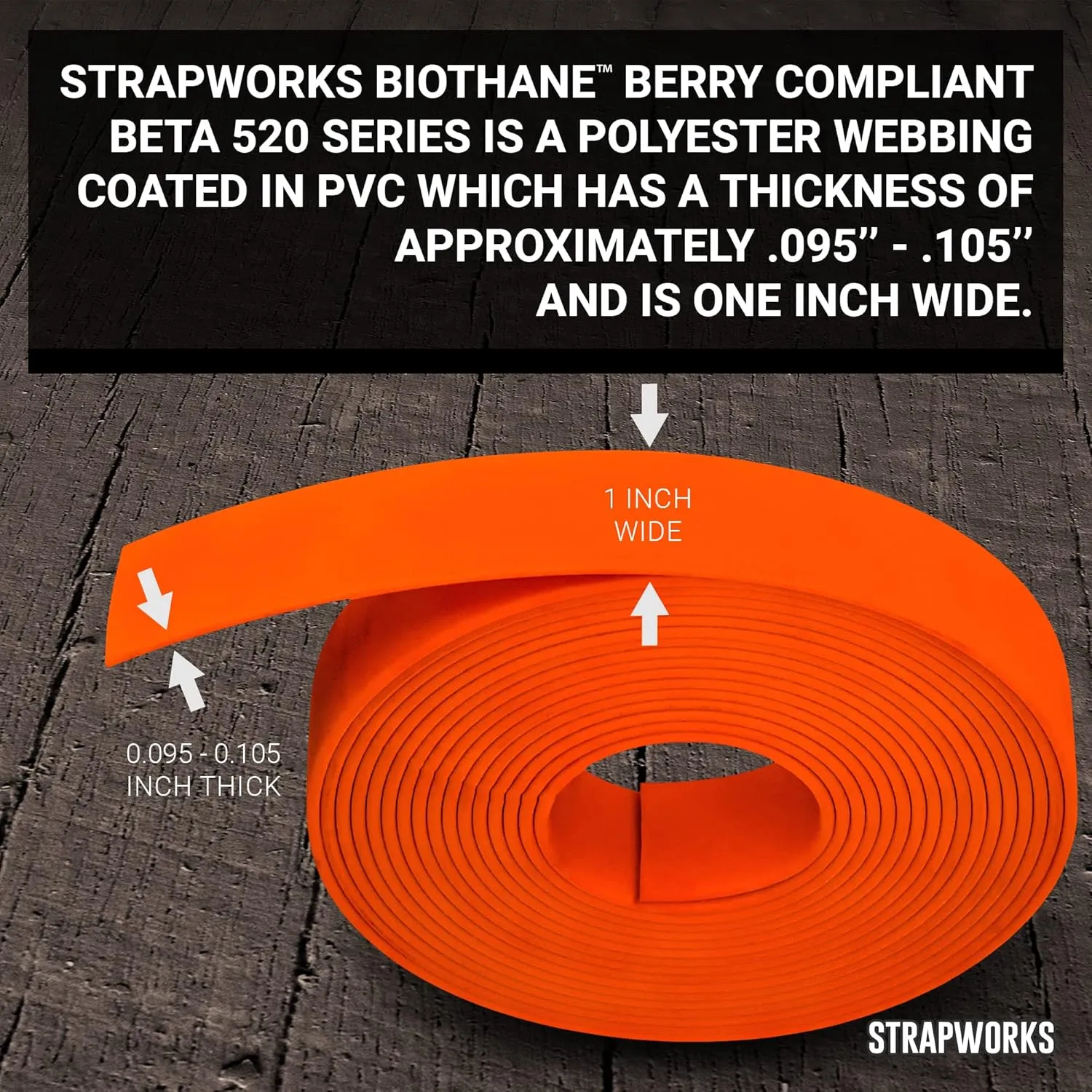 BioThane Beta Series Coated Webbing, 1 Inch x 100 Feet, Hot Orange