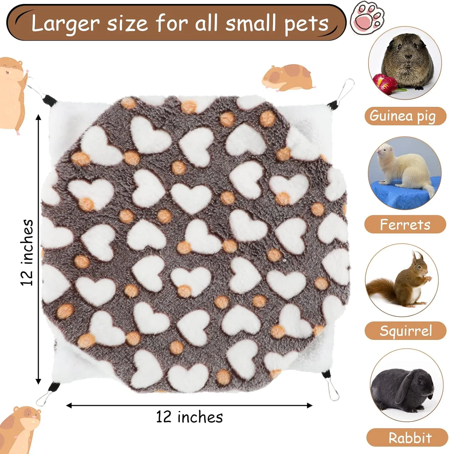 Boao 2 Pcs Guinea Pig Rat Hammock Hamster Hanging Hammock/ Accessories for Small Animals Chinchilla Parrot Sugar Glider Ferret (Purple, Coffee Color, Heart Pattern)