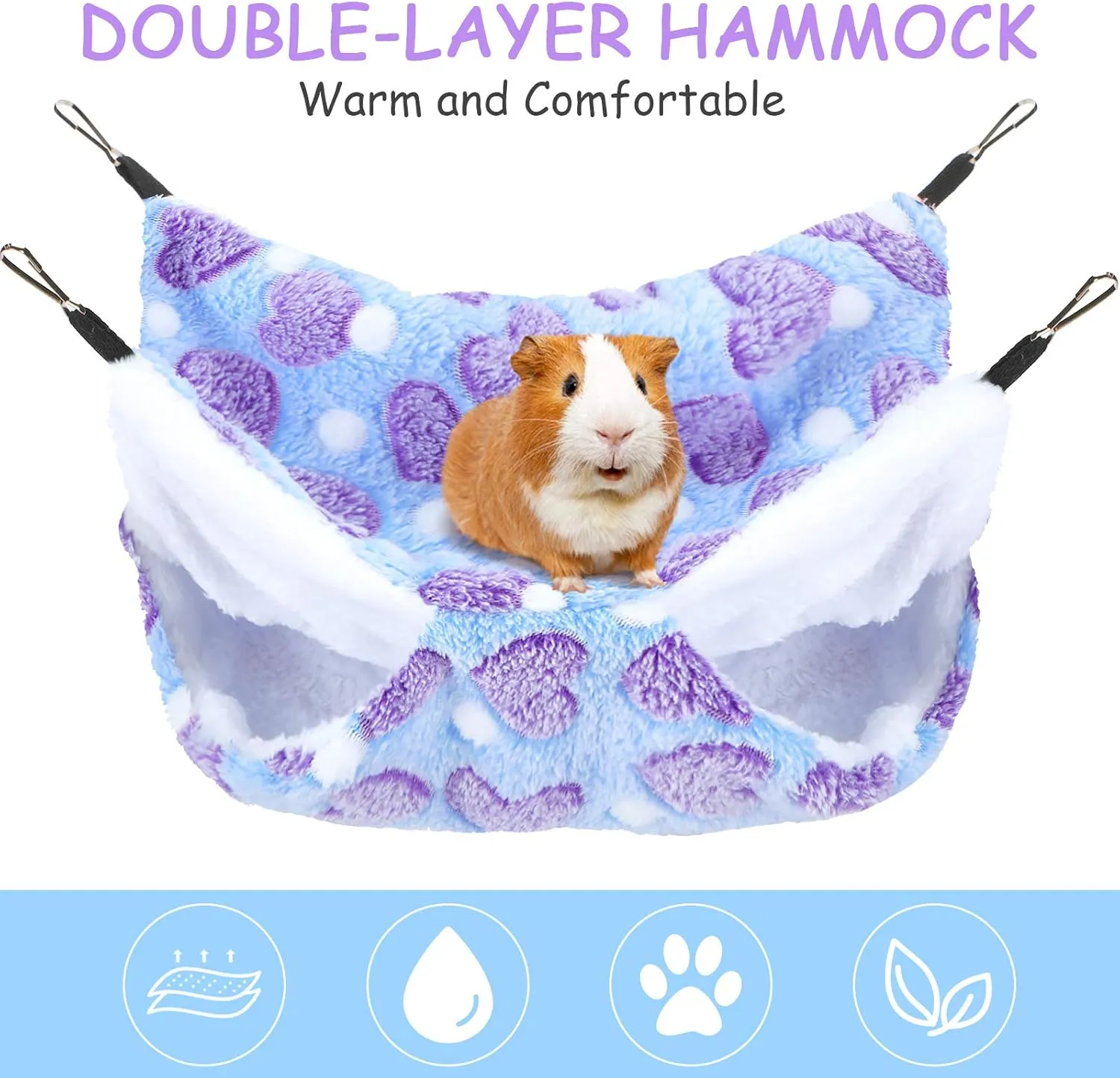 Boao 2 Pcs Guinea Pig Rat Hammock Hamster Hanging Hammock/ Accessories for Small Animals Chinchilla Parrot Sugar Glider Ferret (Purple, Coffee Color, Heart Pattern)