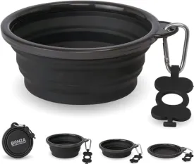Bonza by Leashboss Small Collapsible Dog Bowl, Sturdy Reinforced Rim, includes Carabiner & Water Bottle Holder Keychain, Black