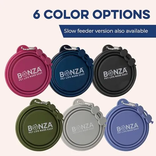 Bonza by Leashboss Small Collapsible Dog Bowl, Sturdy Reinforced Rim, includes Carabiner & Water Bottle Holder Keychain, Black