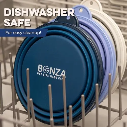 Bonza by Leashboss Small Collapsible Dog Bowl, Sturdy Reinforced Rim, includes Carabiner & Water Bottle Holder Keychain, Black