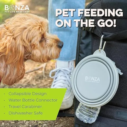 Bonza by Leashboss Small Collapsible Dog Bowl, Sturdy Reinforced Rim, includes Carabiner & Water Bottle Holder Keychain, Black