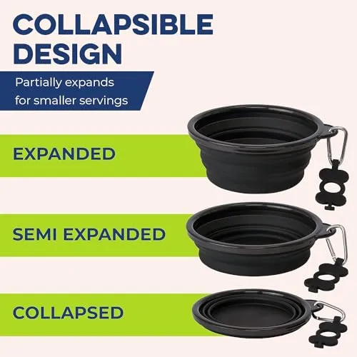 Bonza by Leashboss Small Collapsible Dog Bowl, Sturdy Reinforced Rim, includes Carabiner & Water Bottle Holder Keychain, Black