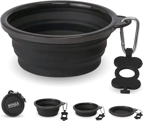 Bonza by Leashboss Small Collapsible Dog Bowl, Sturdy Reinforced Rim, includes Carabiner & Water Bottle Holder Keychain, Black