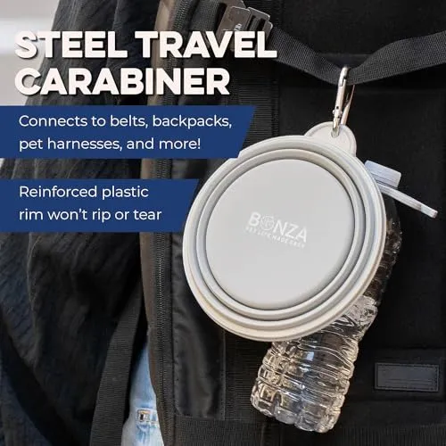Bonza by Leashboss Small Collapsible Dog Bowl, Sturdy Reinforced Rim, includes Carabiner & Water Bottle Holder Keychain, Black
