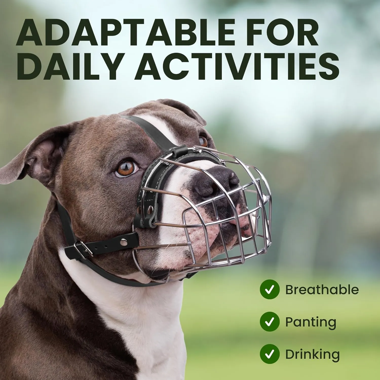 BRONZEDOG Pitbull Dog Muzzle Breathable Metal Basket for Large Dogs Amstaff Staffordshire Terrier Biting Chewing Barking (Leather, Black)