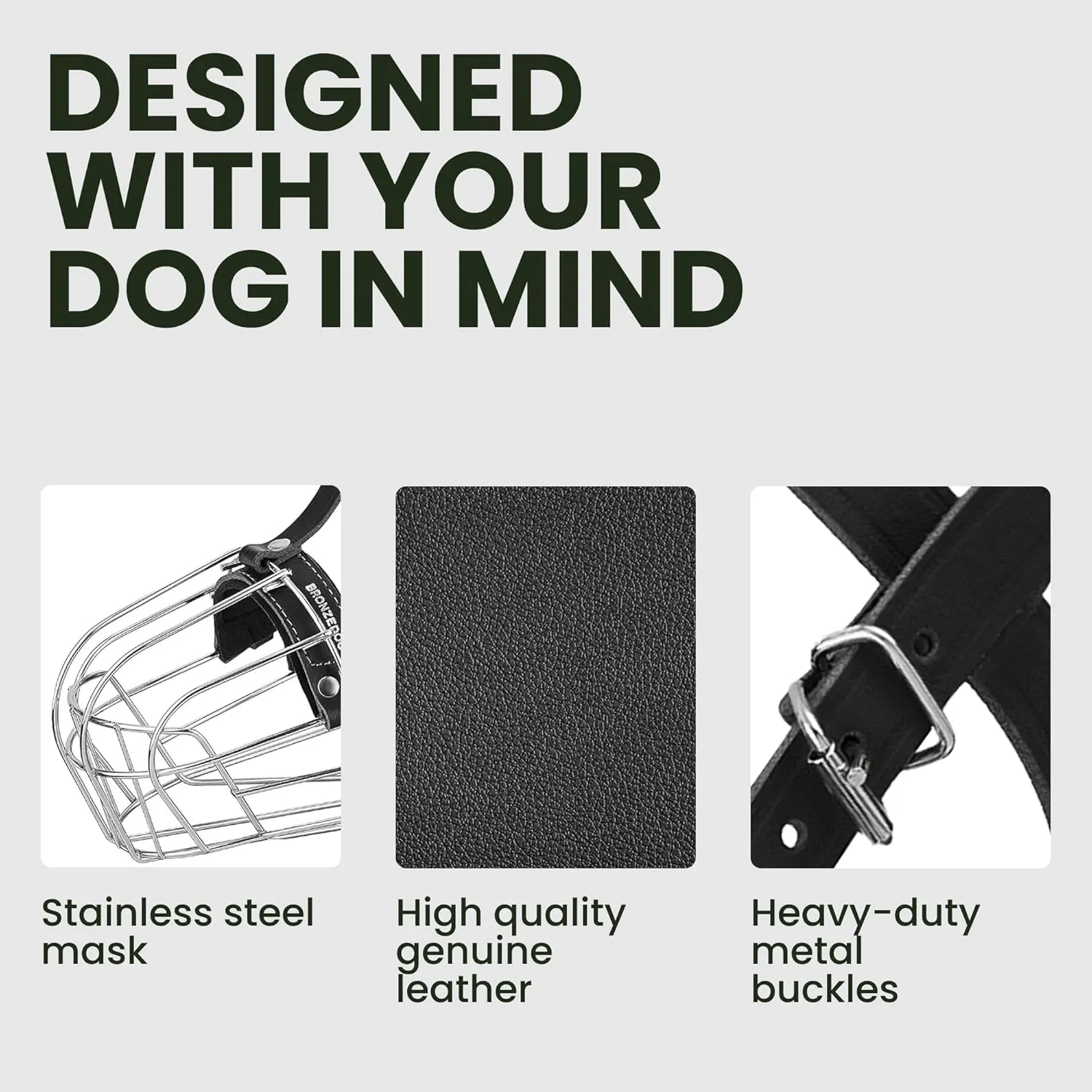 BRONZEDOG Pitbull Dog Muzzle Breathable Metal Basket for Large Dogs Amstaff Staffordshire Terrier Biting Chewing Barking (Leather, Black)