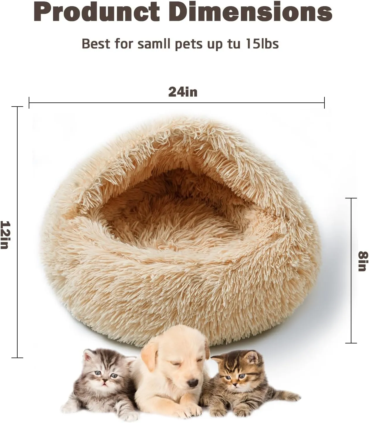 Cat Bed for Indoor Cats, Calming Cozy Cave with Self-Warming Plush, Entire Bed Machine Washable & Anti-Slip Base, Breathable Pet Bed for Small Cats&Dogs All Seasons (Apricot color, 24*24inch)