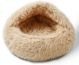 Cat Bed for Indoor Cats, Calming Cozy Cave with Self-Warming Plush, Entire Bed Machine Washable & Anti-Slip Base, Breathable Pet Bed for Small Cats&Dogs All Seasons (Apricot color, 24*24inch)