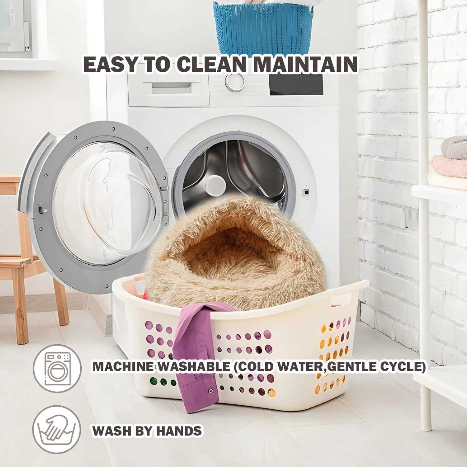 Cat Bed for Indoor Cats, Calming Cozy Cave with Self-Warming Plush, Entire Bed Machine Washable & Anti-Slip Base, Breathable Pet Bed for Small Cats&Dogs All Seasons (Apricot color, 24*24inch)