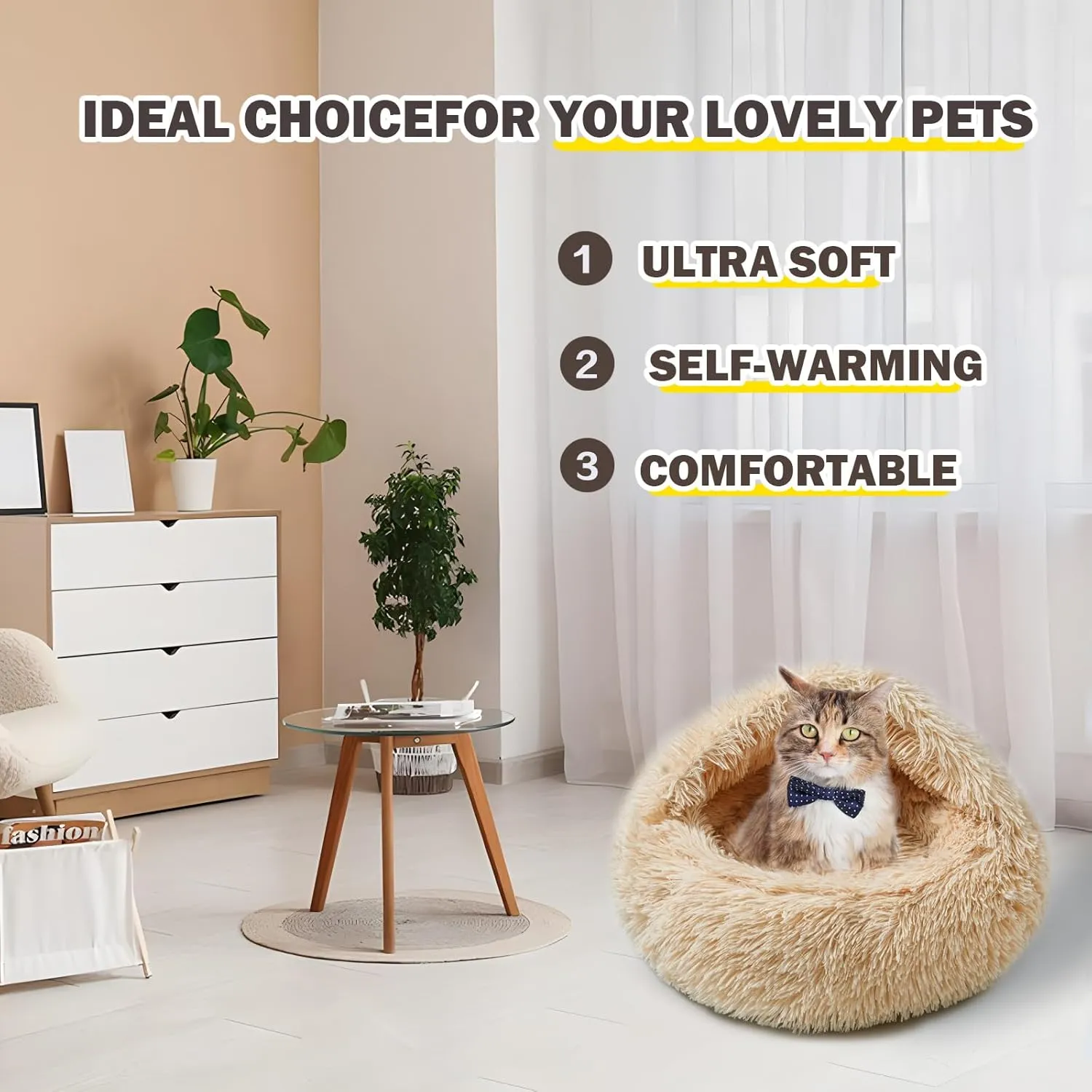 Cat Bed for Indoor Cats, Calming Cozy Cave with Self-Warming Plush, Entire Bed Machine Washable & Anti-Slip Base, Breathable Pet Bed for Small Cats&Dogs All Seasons (Apricot color, 24*24inch)