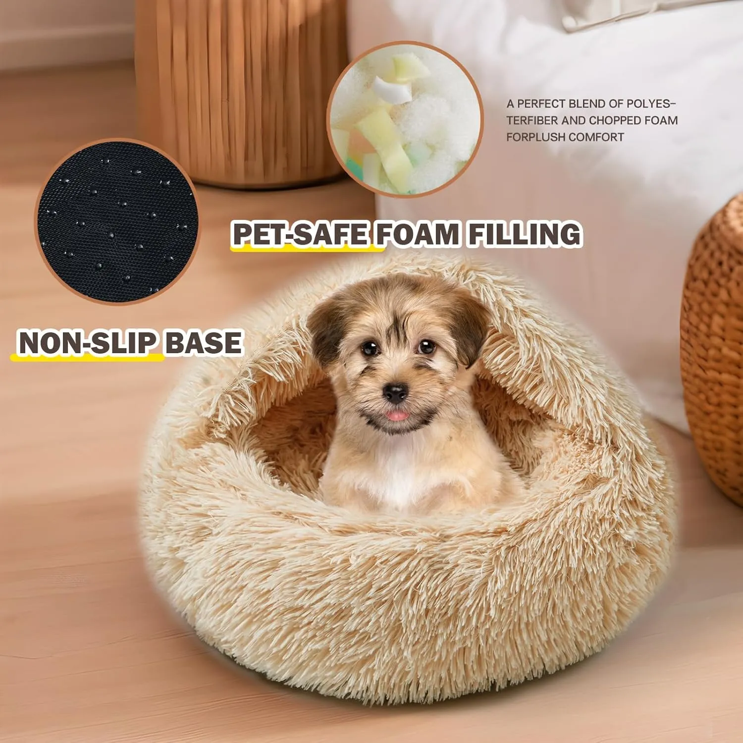 Cat Bed for Indoor Cats, Calming Cozy Cave with Self-Warming Plush, Entire Bed Machine Washable & Anti-Slip Base, Breathable Pet Bed for Small Cats&Dogs All Seasons (Apricot color, 24*24inch)