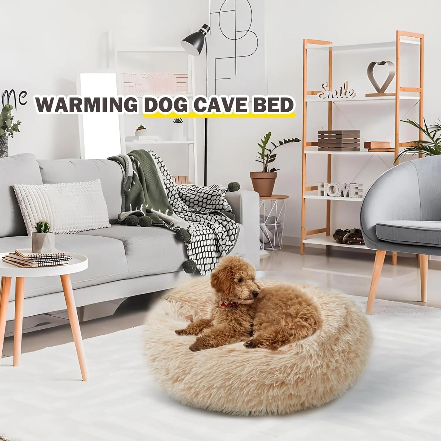 Cat Bed for Indoor Cats, Calming Cozy Cave with Self-Warming Plush, Entire Bed Machine Washable & Anti-Slip Base, Breathable Pet Bed for Small Cats&Dogs All Seasons (Apricot color, 24*24inch)