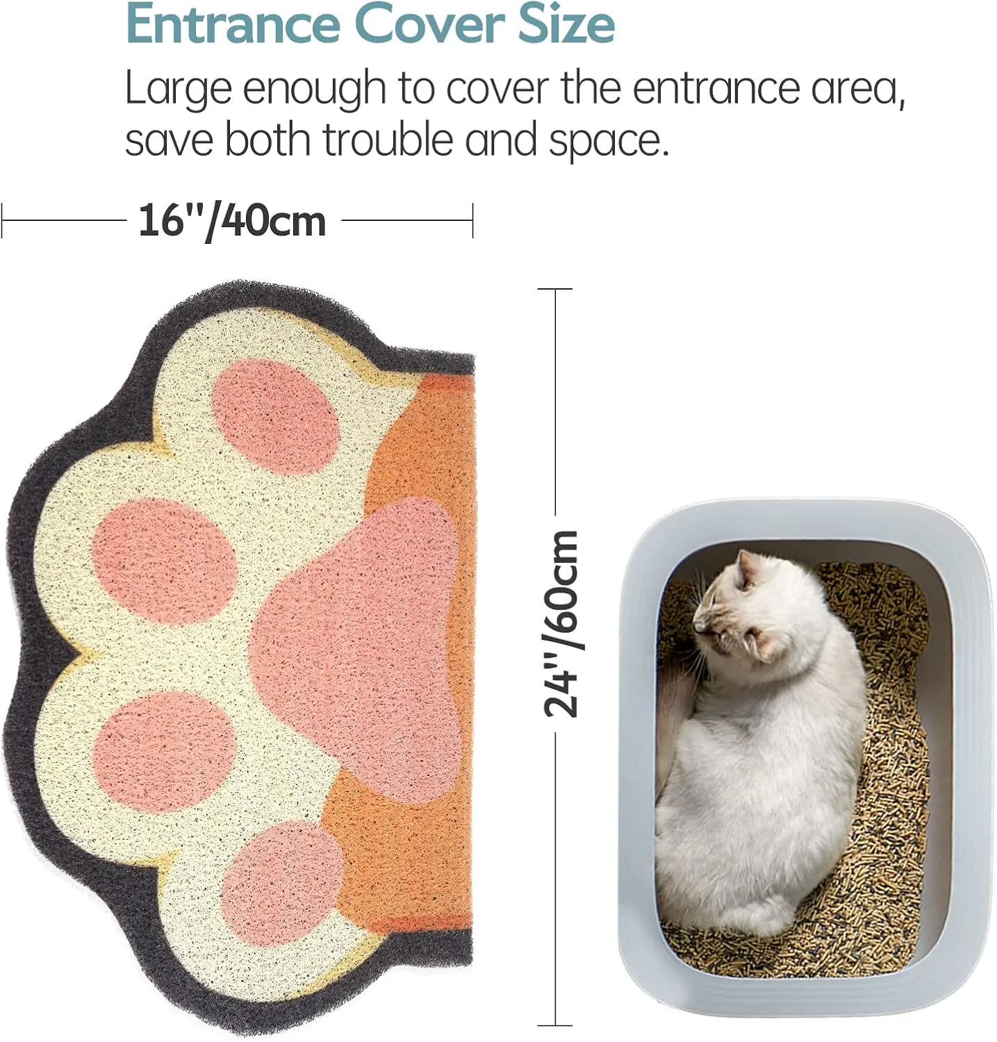 Cute Cat Litter Mat 24x16, Litter Box Mat, Litter Trapping Mat, Soft on Kitty Paws, Easy Clean, Anti Slip, Pet Accessories, Door Floor mats - White paw