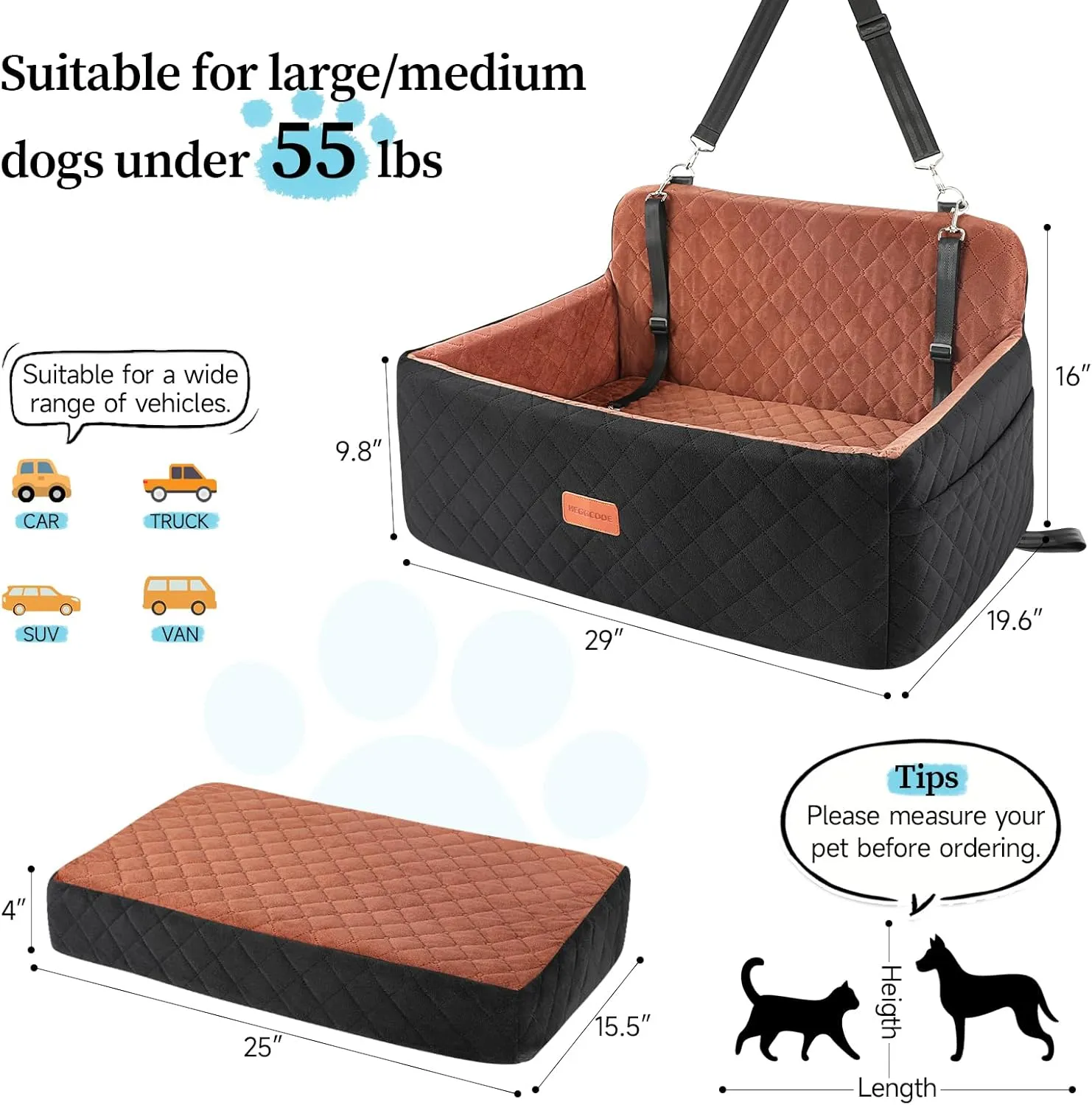 Dog Car Seat for Medium/Large Dogs, Dog Booster Car Seat for Dogs Under 55 lbs or 2 Small Dogs, Detachable & Washable Pet Car Seat, Dog Car Bed for Backseat with 2 Safety Leashes(Black/Brown)