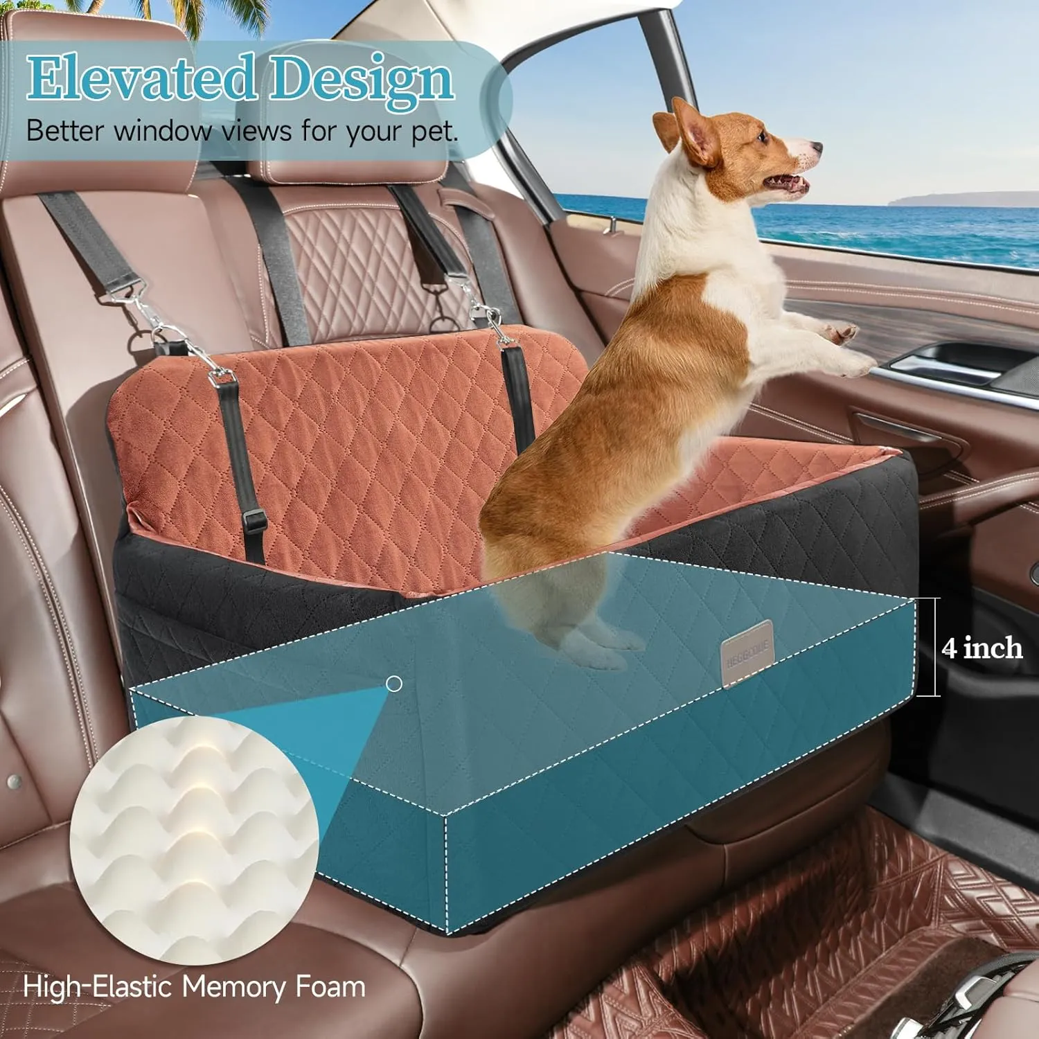 Dog Car Seat for Medium/Large Dogs, Dog Booster Car Seat for Dogs Under 55 lbs or 2 Small Dogs, Detachable & Washable Pet Car Seat, Dog Car Bed for Backseat with 2 Safety Leashes(Black/Brown)