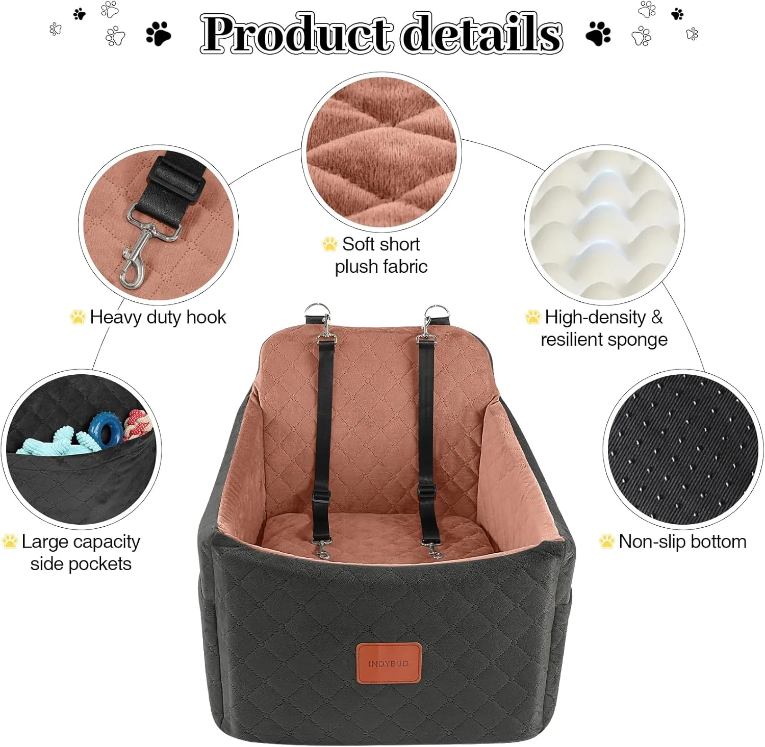 Dog Car Seats for Small/Medium Dogs Up to 35 lbs  Portable Memory Foam Dog Seat for Car with Anti-Slip Design, 2 Adjustable Safety Leashes & Storage Pockets(Black/Brown, Medium)