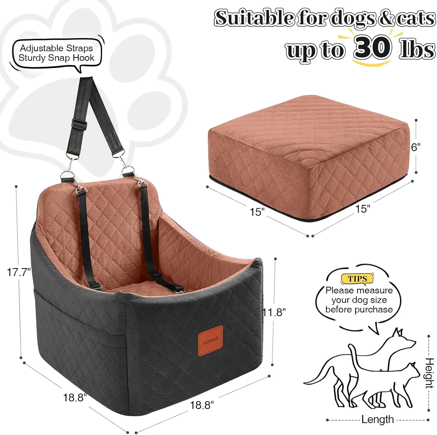 Dog Car Seats for Small/Medium Dogs Up to 35 lbs  Portable Memory Foam Dog Seat for Car with Anti-Slip Design, 2 Adjustable Safety Leashes & Storage Pockets(Black/Brown, Medium)