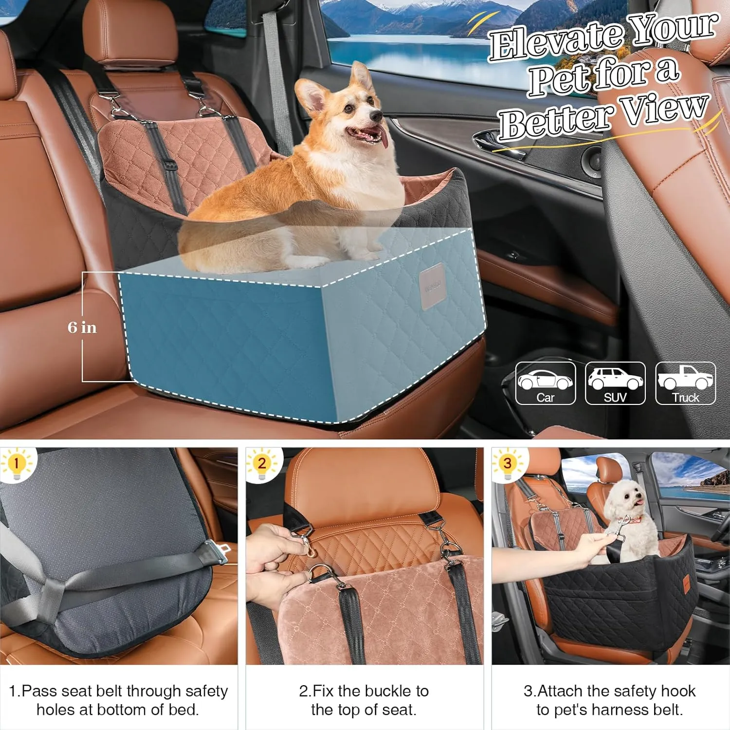 Dog Car Seats for Small/Medium Dogs Up to 35 lbs  Portable Memory Foam Dog Seat for Car with Anti-Slip Design, 2 Adjustable Safety Leashes & Storage Pockets(Black/Brown, Medium)