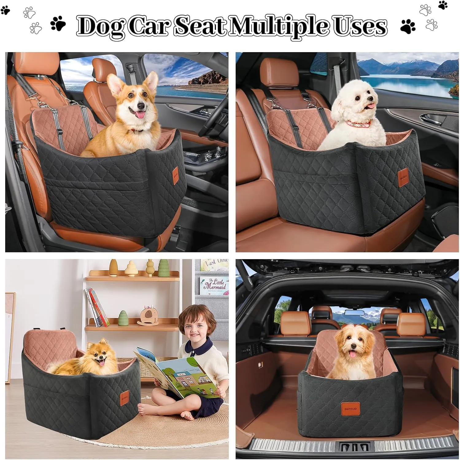 Dog Car Seats for Small/Medium Dogs Up to 35 lbs  Portable Memory Foam Dog Seat for Car with Anti-Slip Design, 2 Adjustable Safety Leashes & Storage Pockets(Black/Brown, Medium)