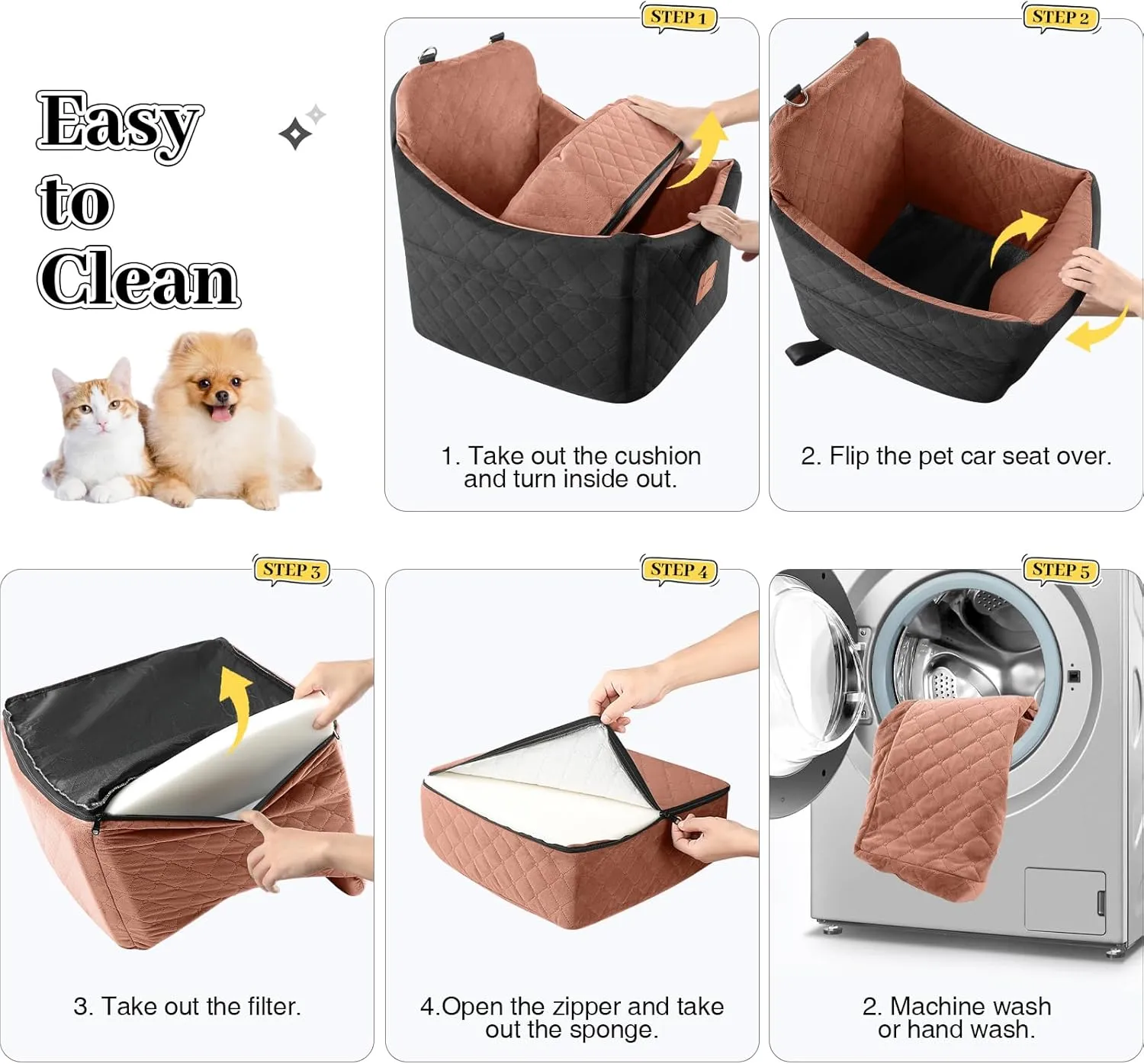 Dog Car Seats for Small/Medium Dogs Up to 35 lbs  Portable Memory Foam Dog Seat for Car with Anti-Slip Design, 2 Adjustable Safety Leashes & Storage Pockets(Black/Brown, Medium)