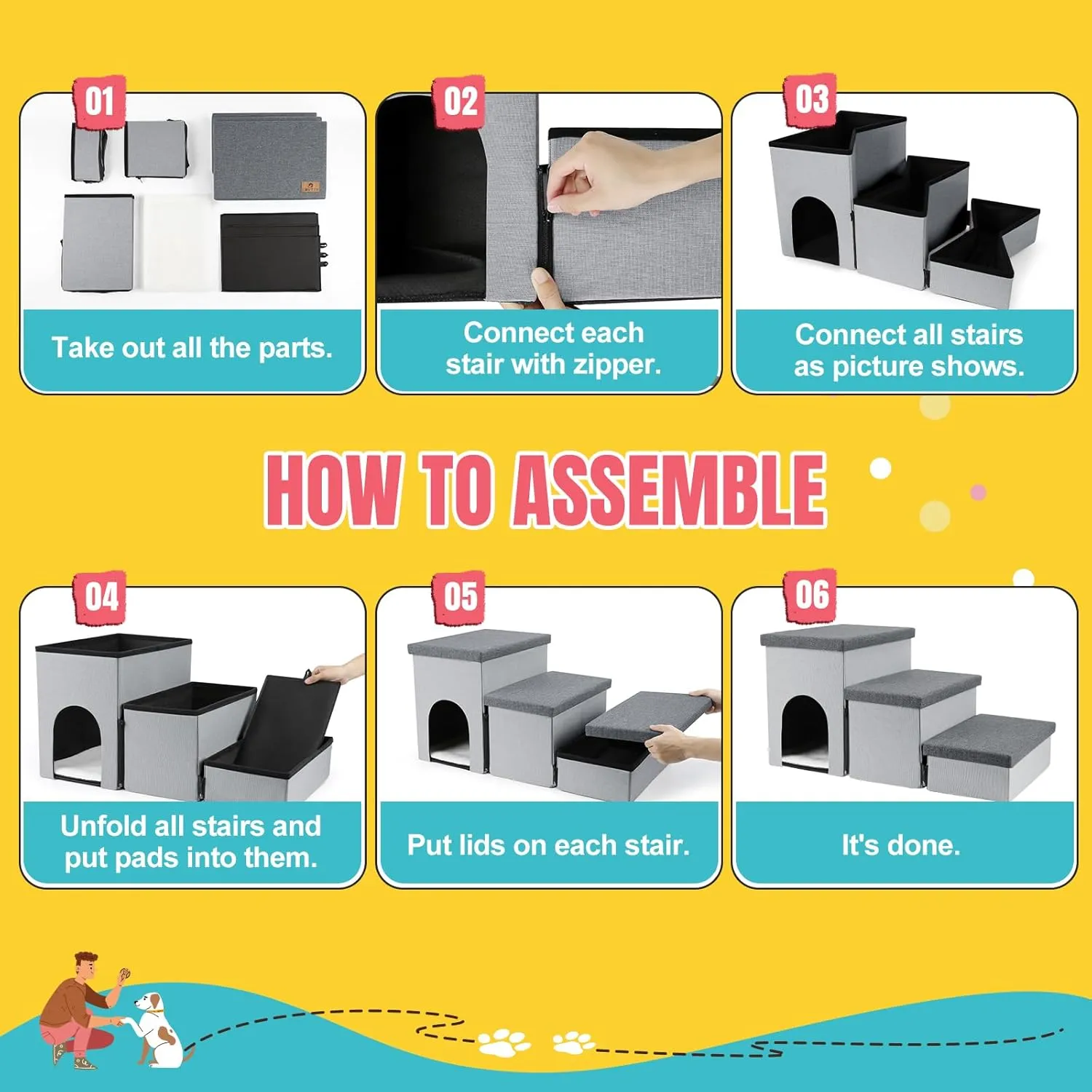 Dog Stairs for High Beds, Folding Pet Steps for Small Dogs and Cats with Storage and Condo, Non-Slip Dog Steps for Couch and Bed up to 22 inches(3 Steps, Grey-Dark Grey)