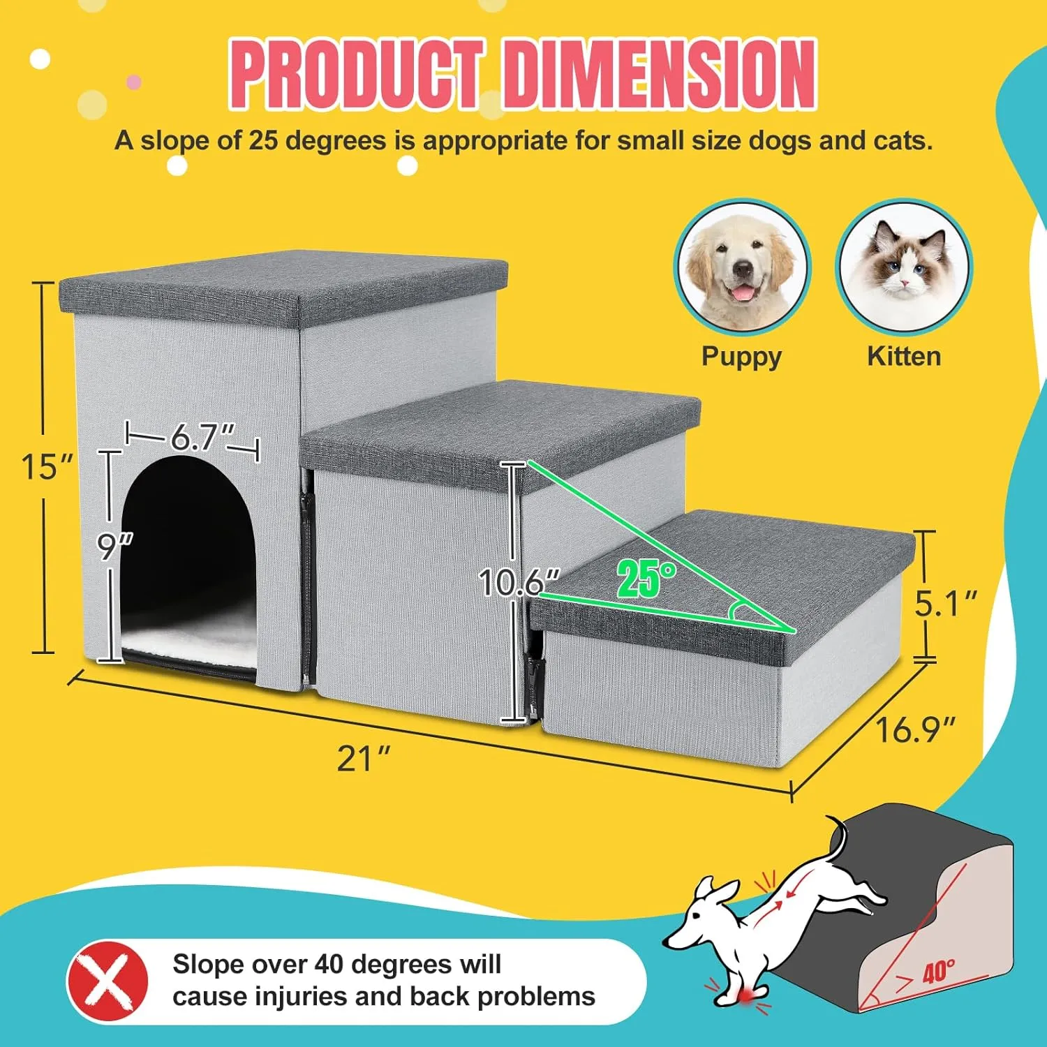 Dog Stairs for High Beds, Folding Pet Steps for Small Dogs and Cats with Storage and Condo, Non-Slip Dog Steps for Couch and Bed up to 22 inches(3 Steps, Grey-Dark Grey)