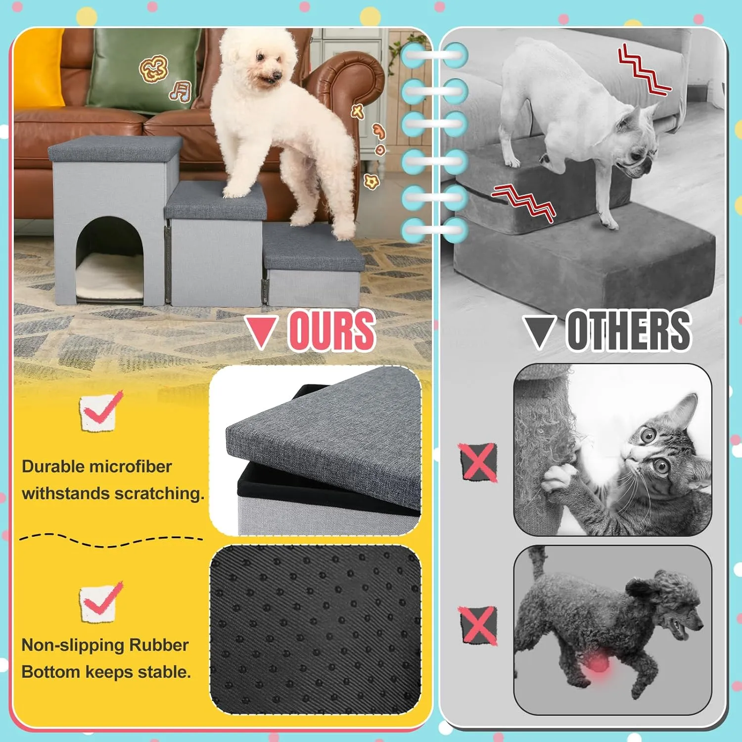Dog Stairs for High Beds, Folding Pet Steps for Small Dogs and Cats with Storage and Condo, Non-Slip Dog Steps for Couch and Bed up to 22 inches(3 Steps, Grey-Dark Grey)