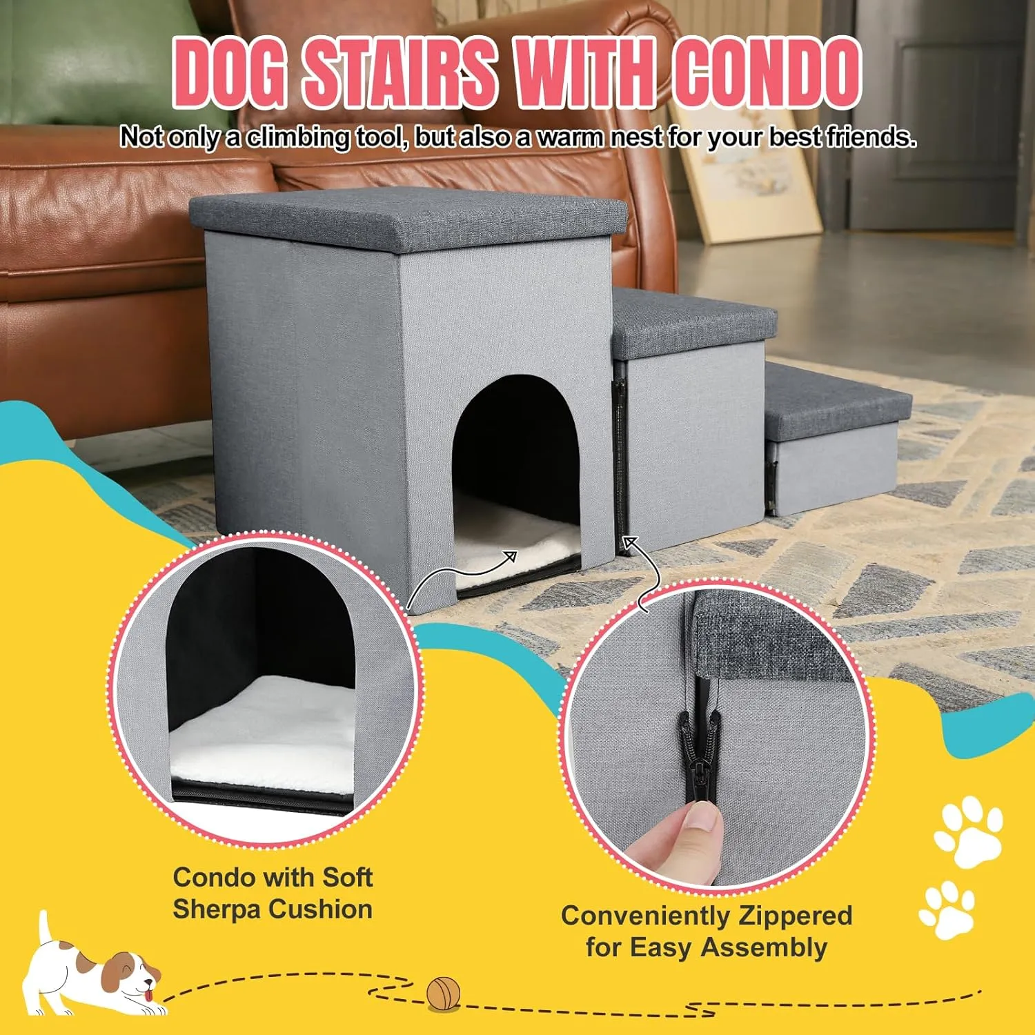 Dog Stairs for High Beds, Folding Pet Steps for Small Dogs and Cats with Storage and Condo, Non-Slip Dog Steps for Couch and Bed up to 22 inches(3 Steps, Grey-Dark Grey)