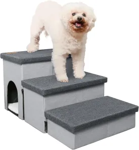 Dog Stairs for High Beds, Folding Pet Steps for Small Dogs and Cats with Storage and Condo, Non-Slip Dog Steps for Couch and Bed up to 22 inches(3 Steps, Grey-Dark Grey)