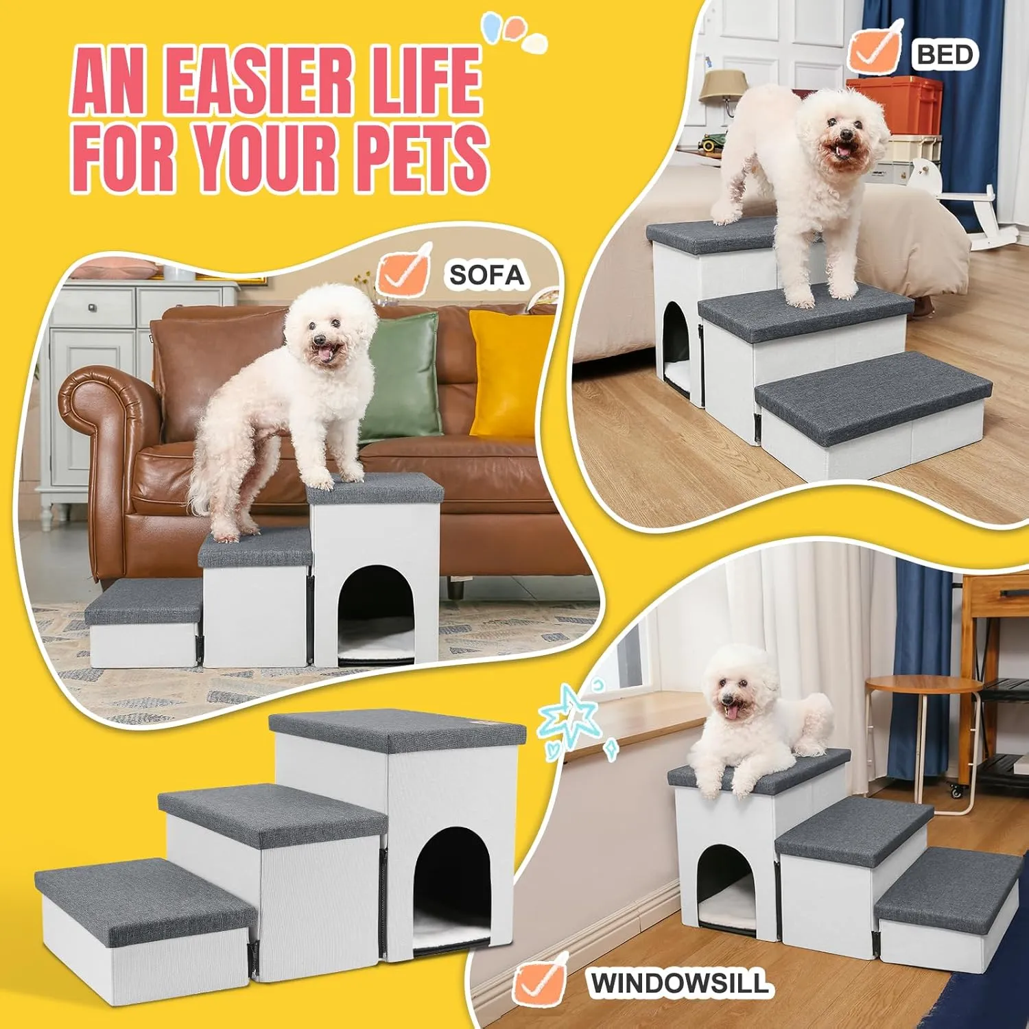 Dog Stairs for High Beds, Folding Pet Steps for Small Dogs and Cats with Storage and Condo, Non-Slip Dog Steps for Couch and Bed up to 22 inches(3 Steps, White-Dark Grey)