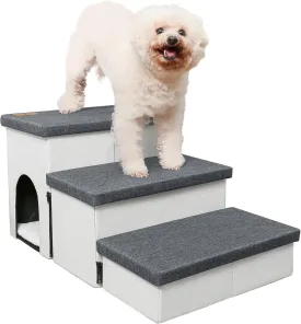 Dog Stairs for High Beds, Folding Pet Steps for Small Dogs and Cats with Storage and Condo, Non-Slip Dog Steps for Couch and Bed up to 22 inches(3 Steps, White-Dark Grey)