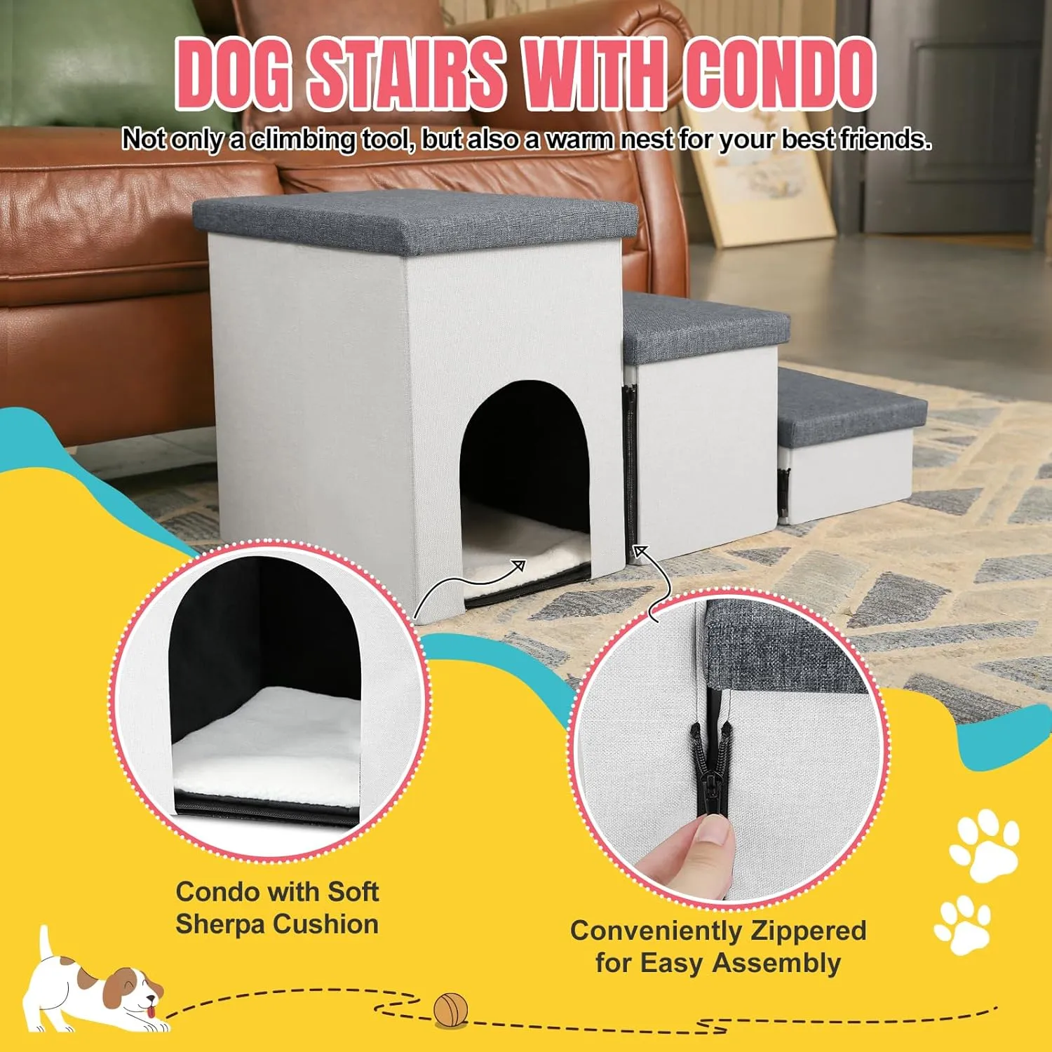 Dog Stairs for High Beds, Folding Pet Steps for Small Dogs and Cats with Storage and Condo, Non-Slip Dog Steps for Couch and Bed up to 22 inches(3 Steps, White-Dark Grey)