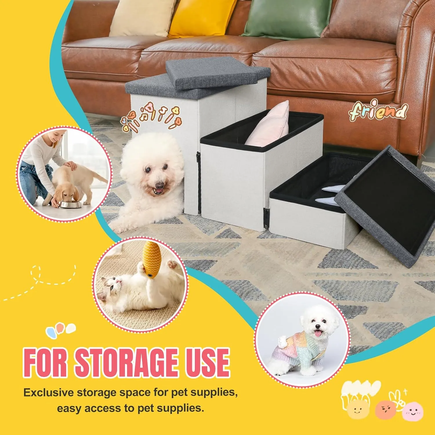 Dog Stairs for High Beds, Folding Pet Steps for Small Dogs and Cats with Storage and Condo, Non-Slip Dog Steps for Couch and Bed up to 22 inches(3 Steps, White-Dark Grey)
