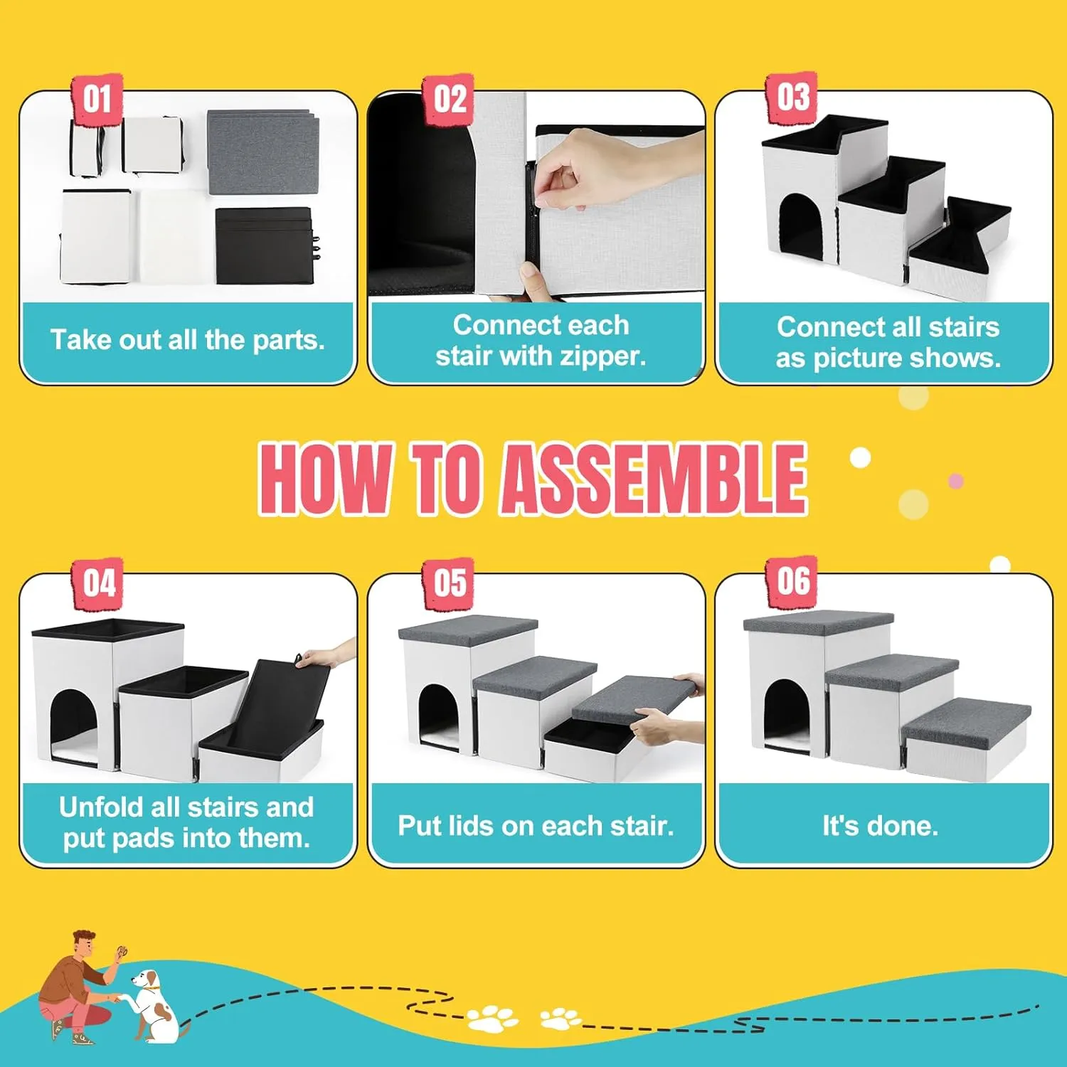 Dog Stairs for High Beds, Folding Pet Steps for Small Dogs and Cats with Storage and Condo, Non-Slip Dog Steps for Couch and Bed up to 22 inches(3 Steps, White-Dark Grey)