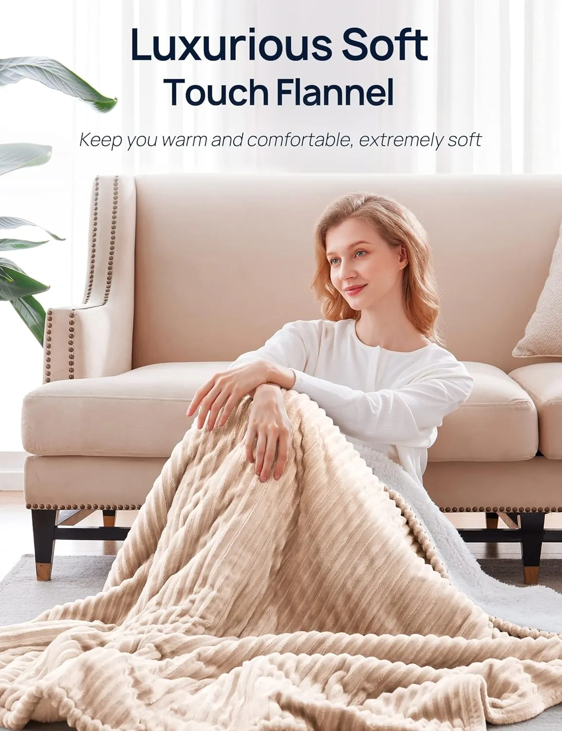 Electric Heated Blanket 62" x 84", Beige & Ivory