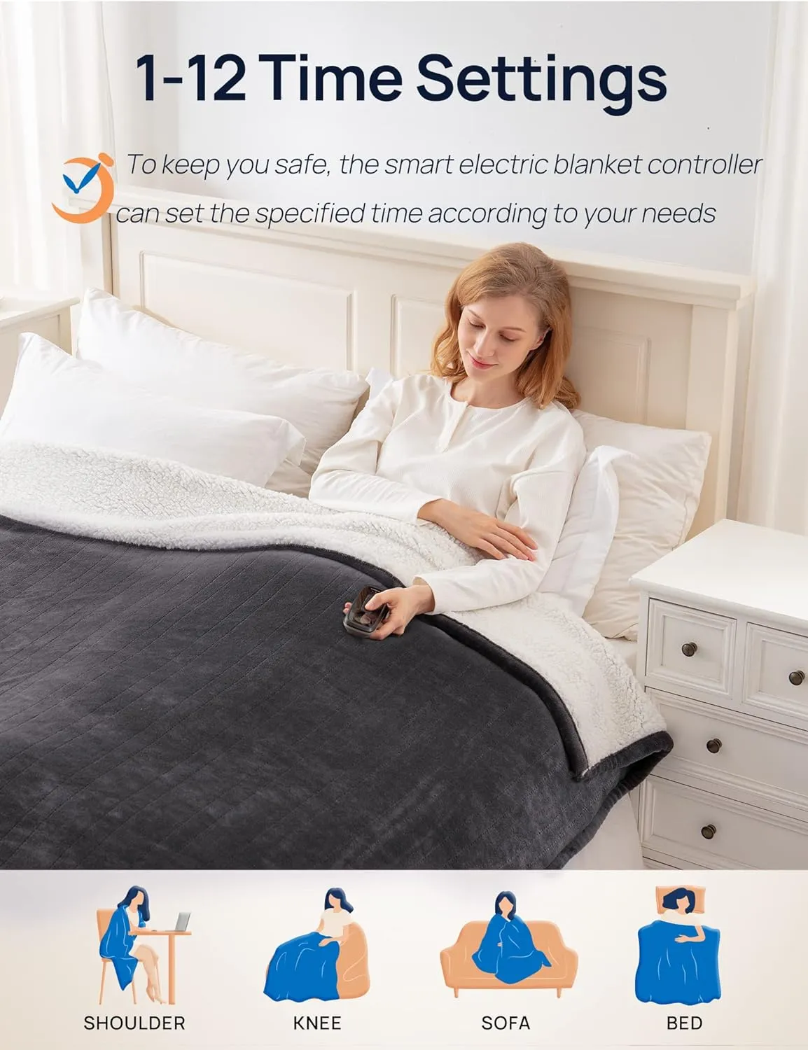 Electric Heated Flannel & Sherpa Blanket, Queen 84" x 90", Charcoal